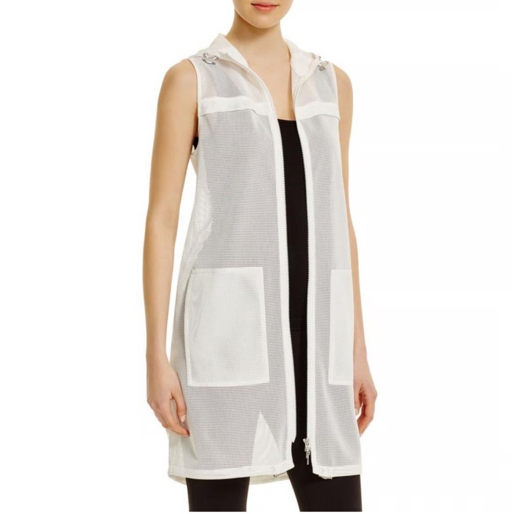Elie Tahari Sport White Mesh Hood Zip Front Swim Beach Cover Up Dress WN LRG NWT